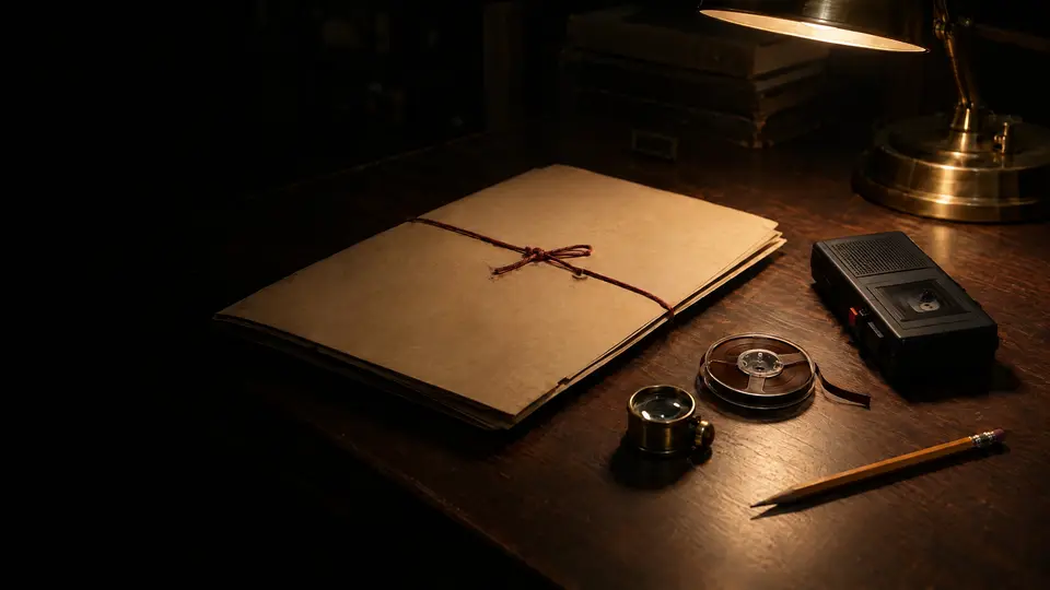 Illustration: a case folder, a microcassette recorder and a loupe on an archive desk at night. AI-generated, not evidence.
